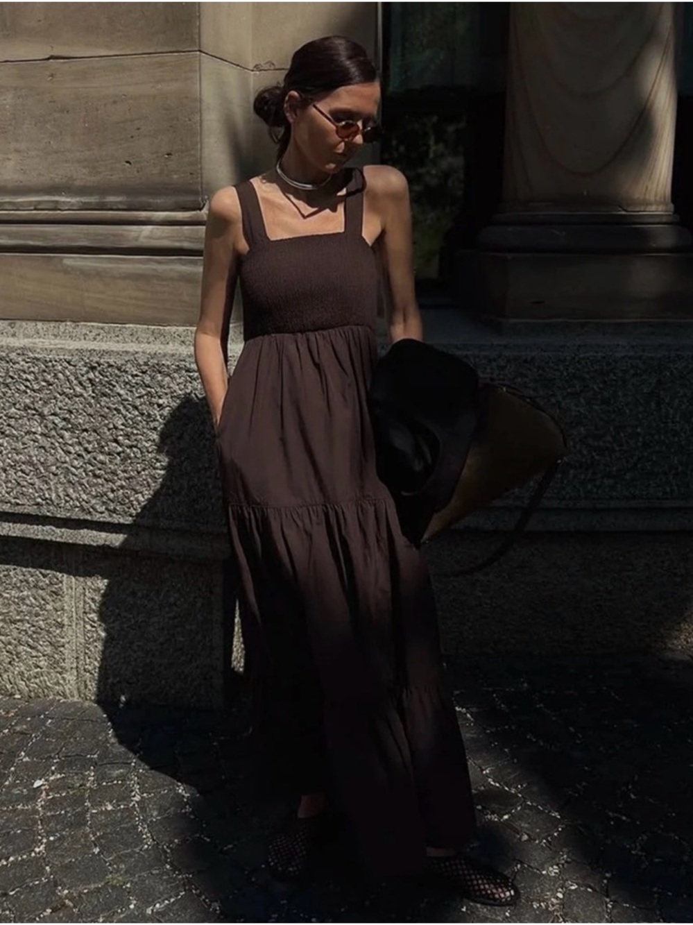 Summertime Resort Ready Smocked Brown Feminine 3Tired Silhouette Maxi DressSmall - Picture 7 of 15